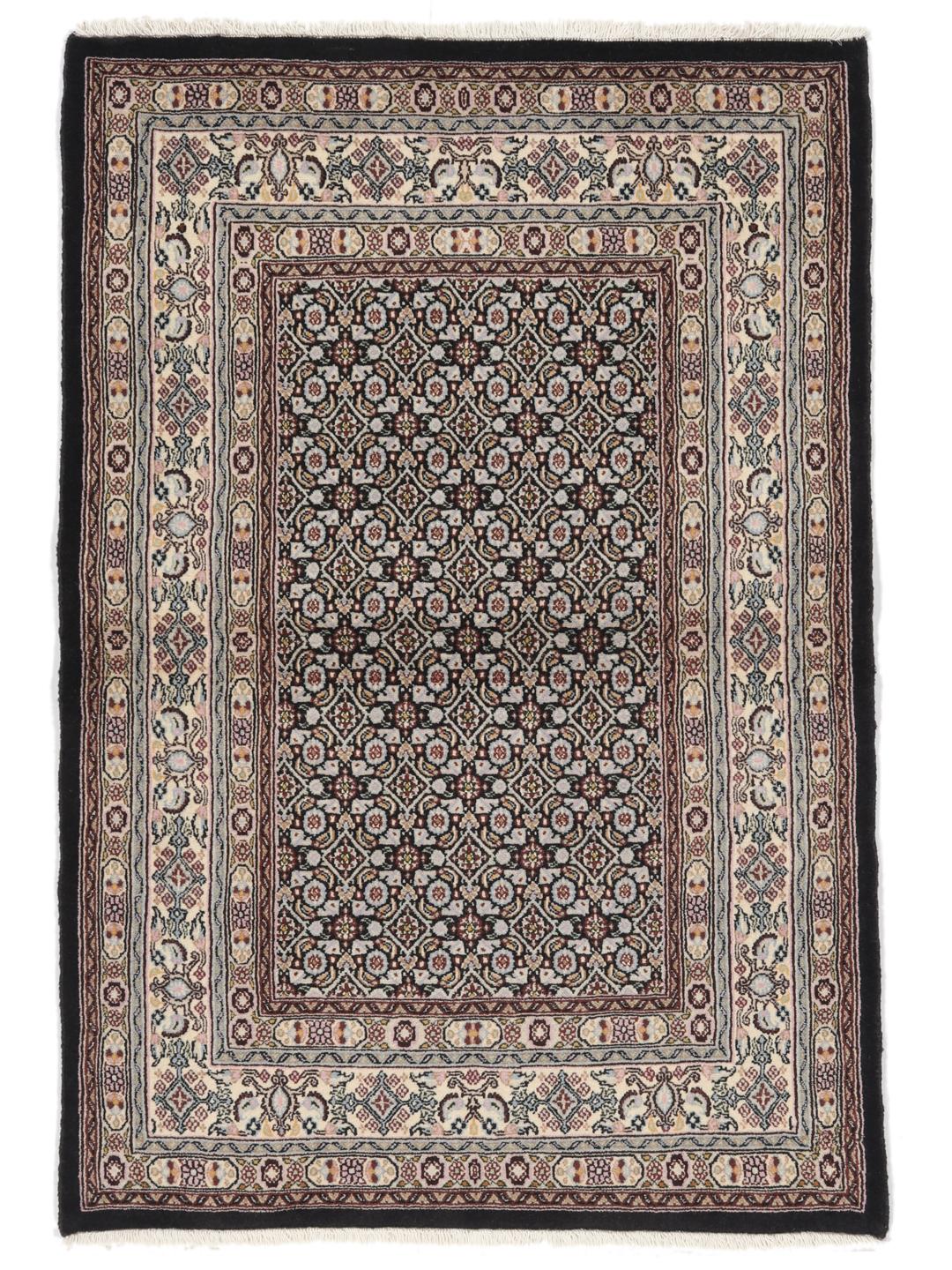Hand-knotted Moud rug with intricate patterns in multicolor Wool, origin Middle East.