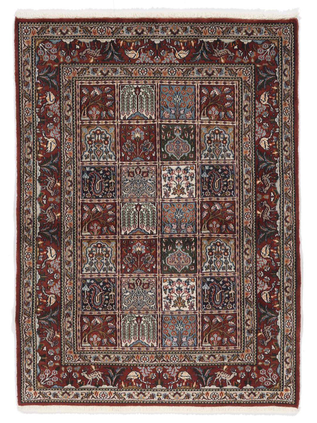 Hand-knotted Moud rug from the Middle East in dark-red and multicolour