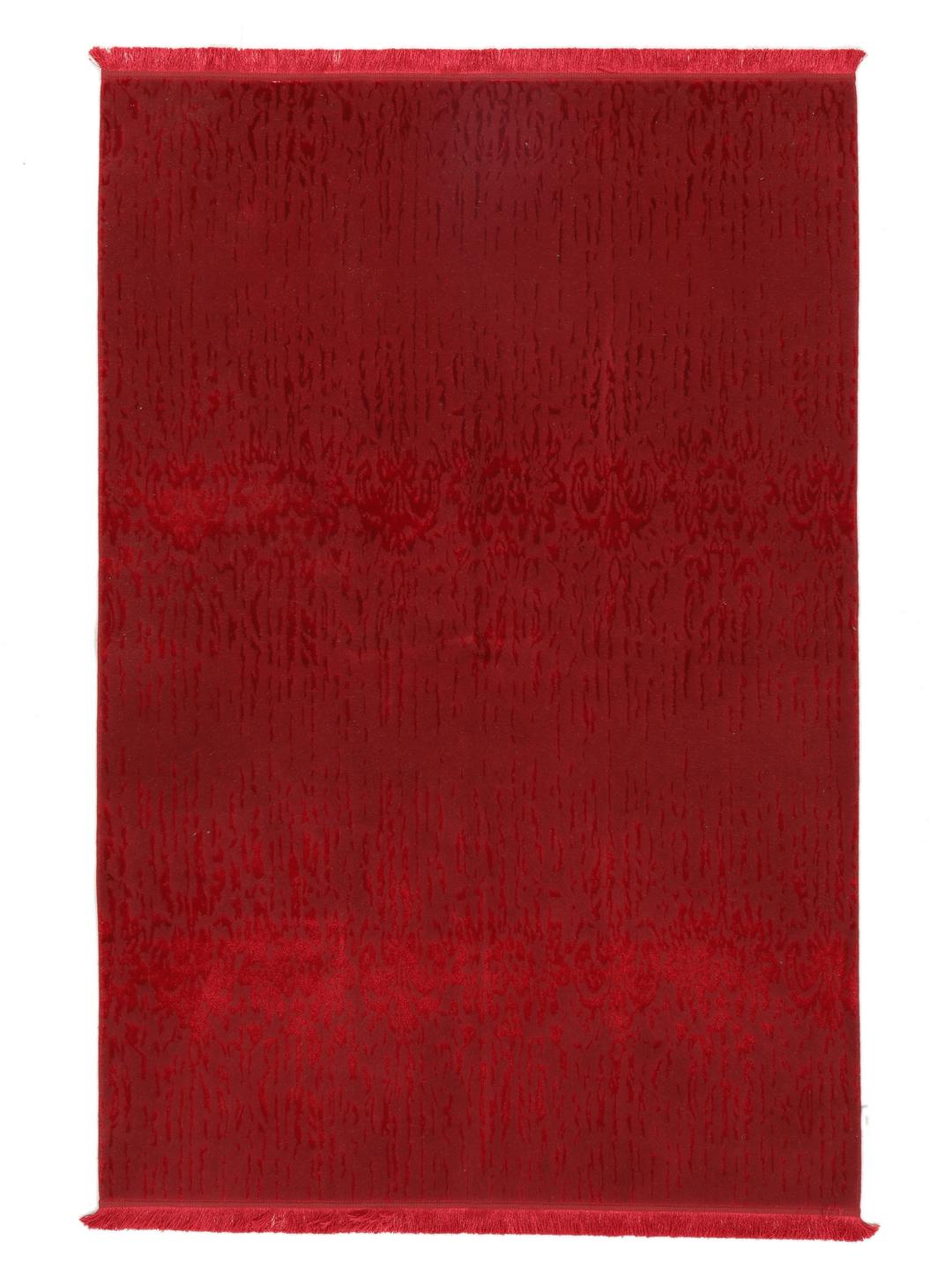 Een luxueus rood vloerkleed met subtiele patronen, perfect voor moderne interieurs.