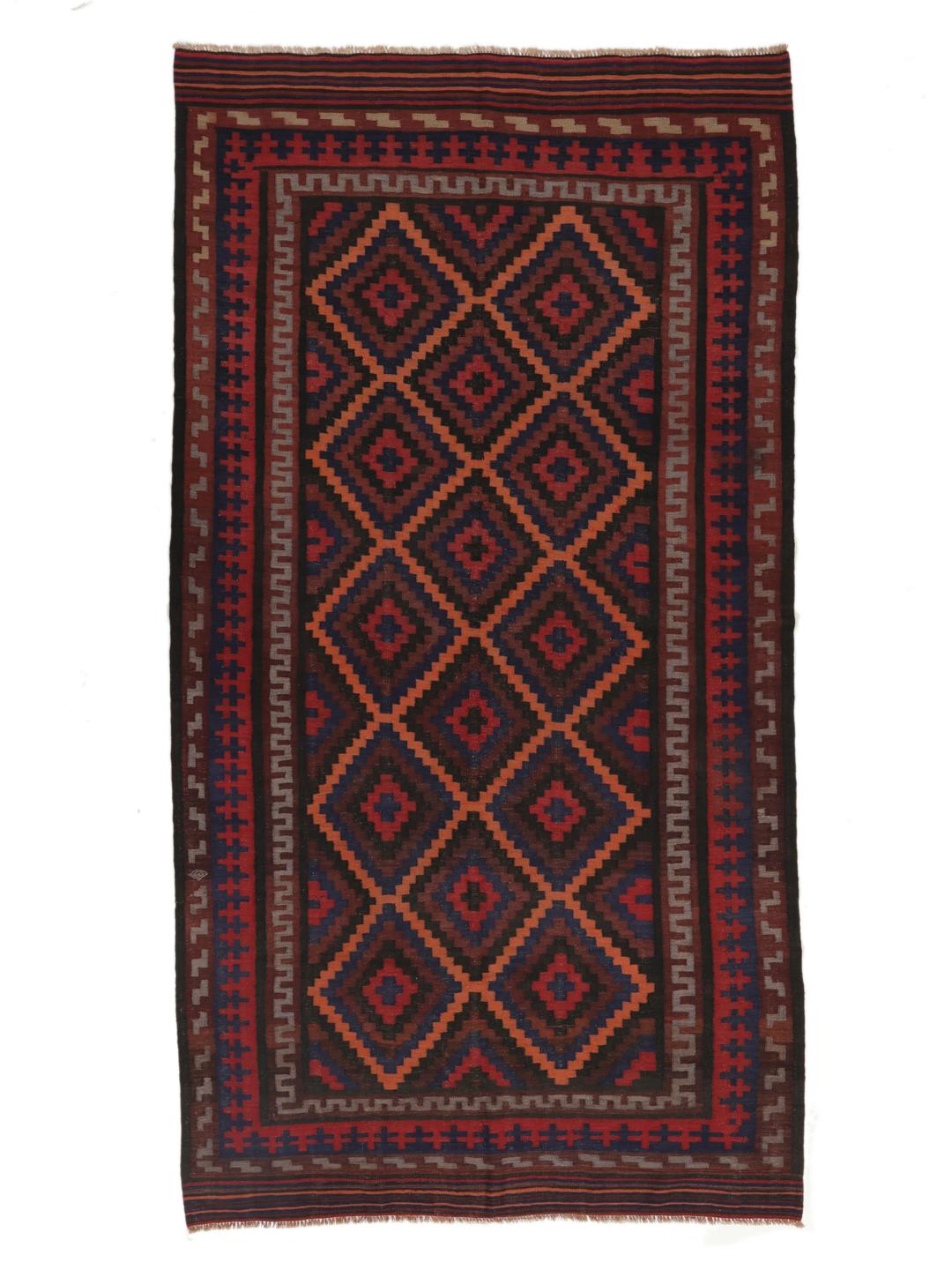 Tapis Kilim vintage afghan avec des motifs géométriques en losange dans des tons rouges et sombres.