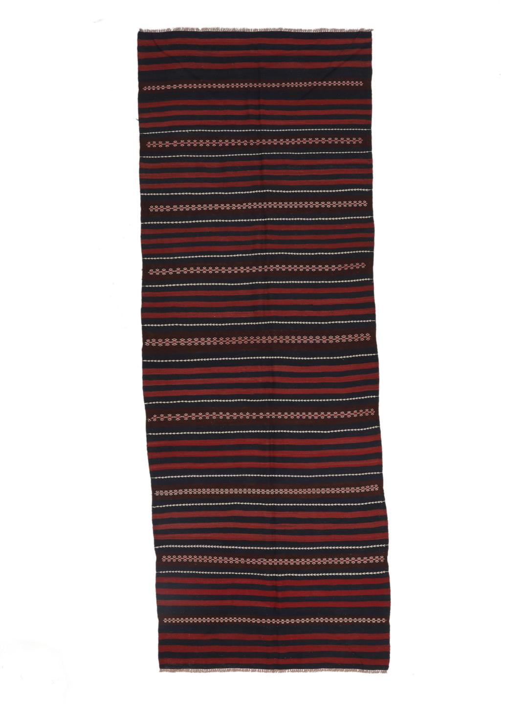 Vintage afghansk kelim-løber med stribet mønster i rødt og sort