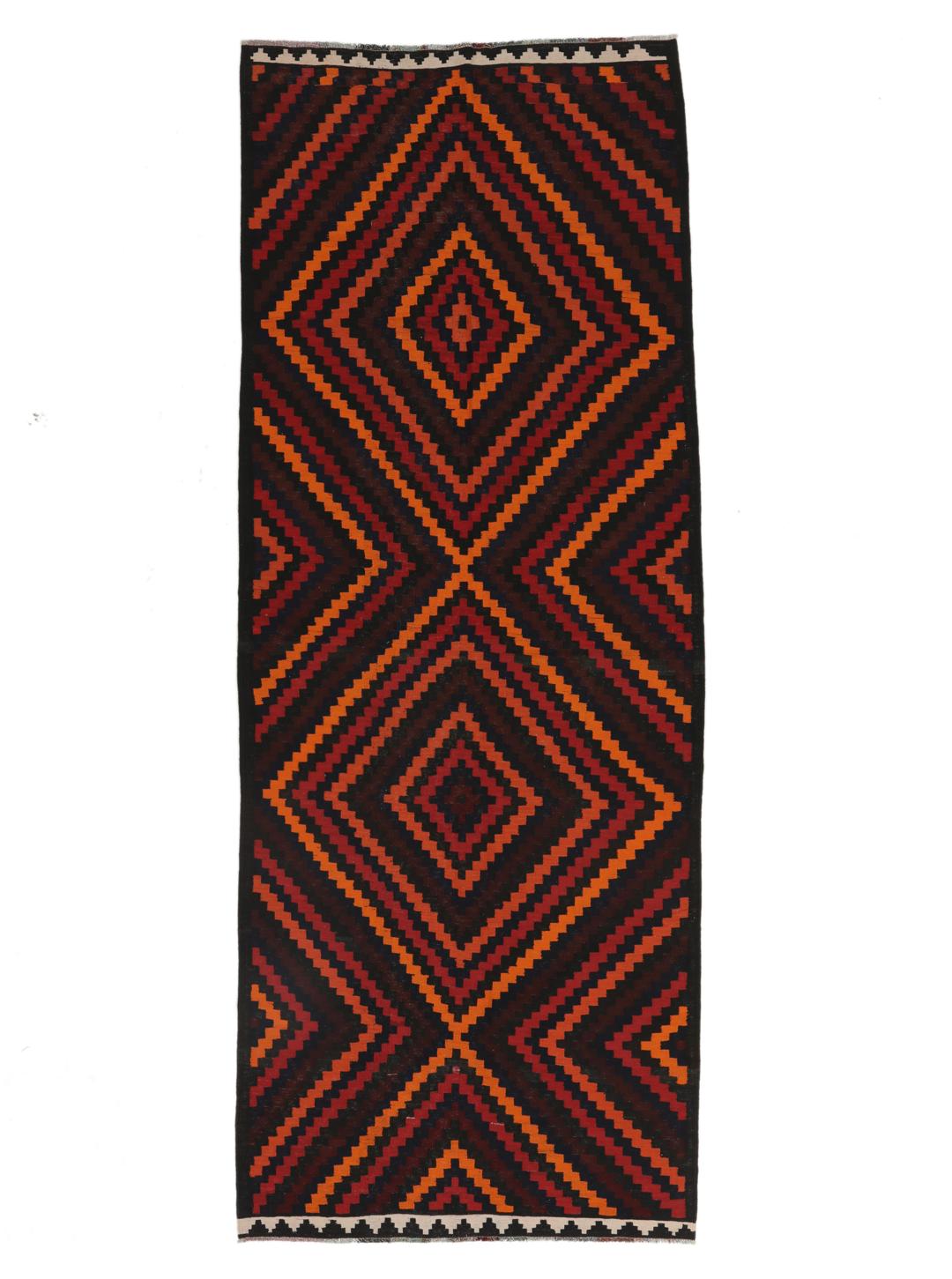 Chemin de table Kelim afghan tissé à la main avec un motif géométrique en losanges rouge foncé et orange