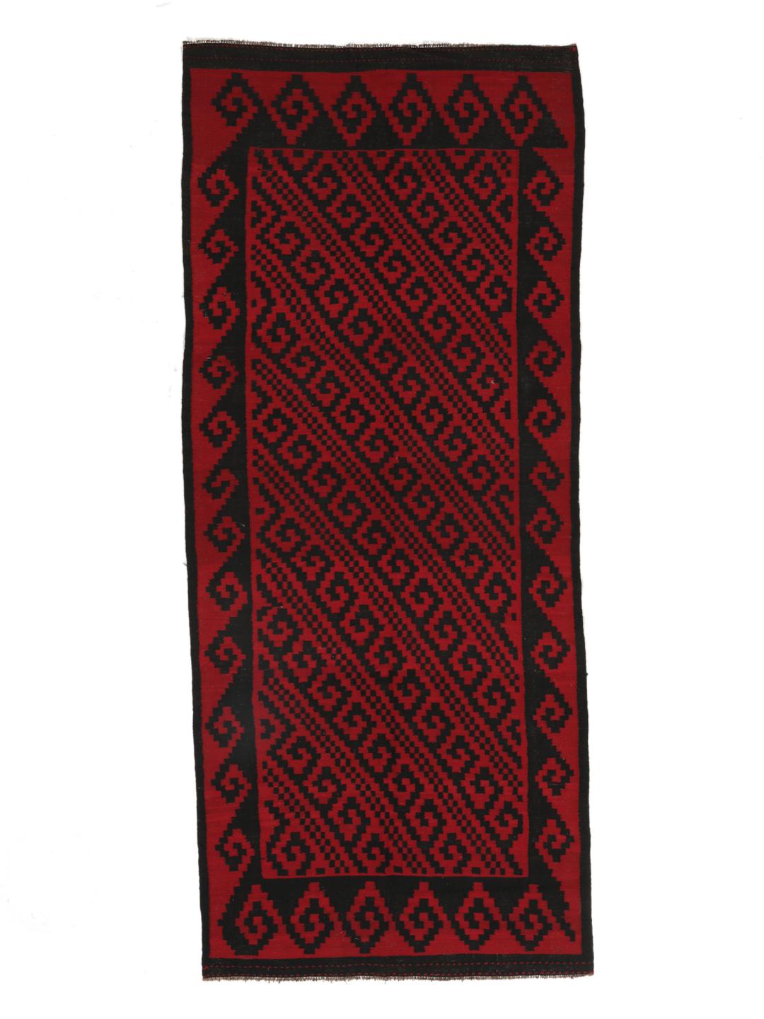 Un tapis couloir Kelim vintage afghan tissé à la main avec un motif géométrique rouge et noir audacieux