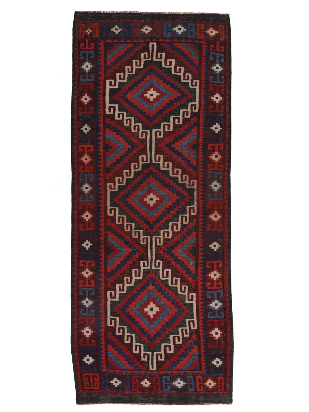 Tapis Kelim afghan tissé à la main avec des motifs géométriques en losange dans les tons rouge, bleu et noir.
