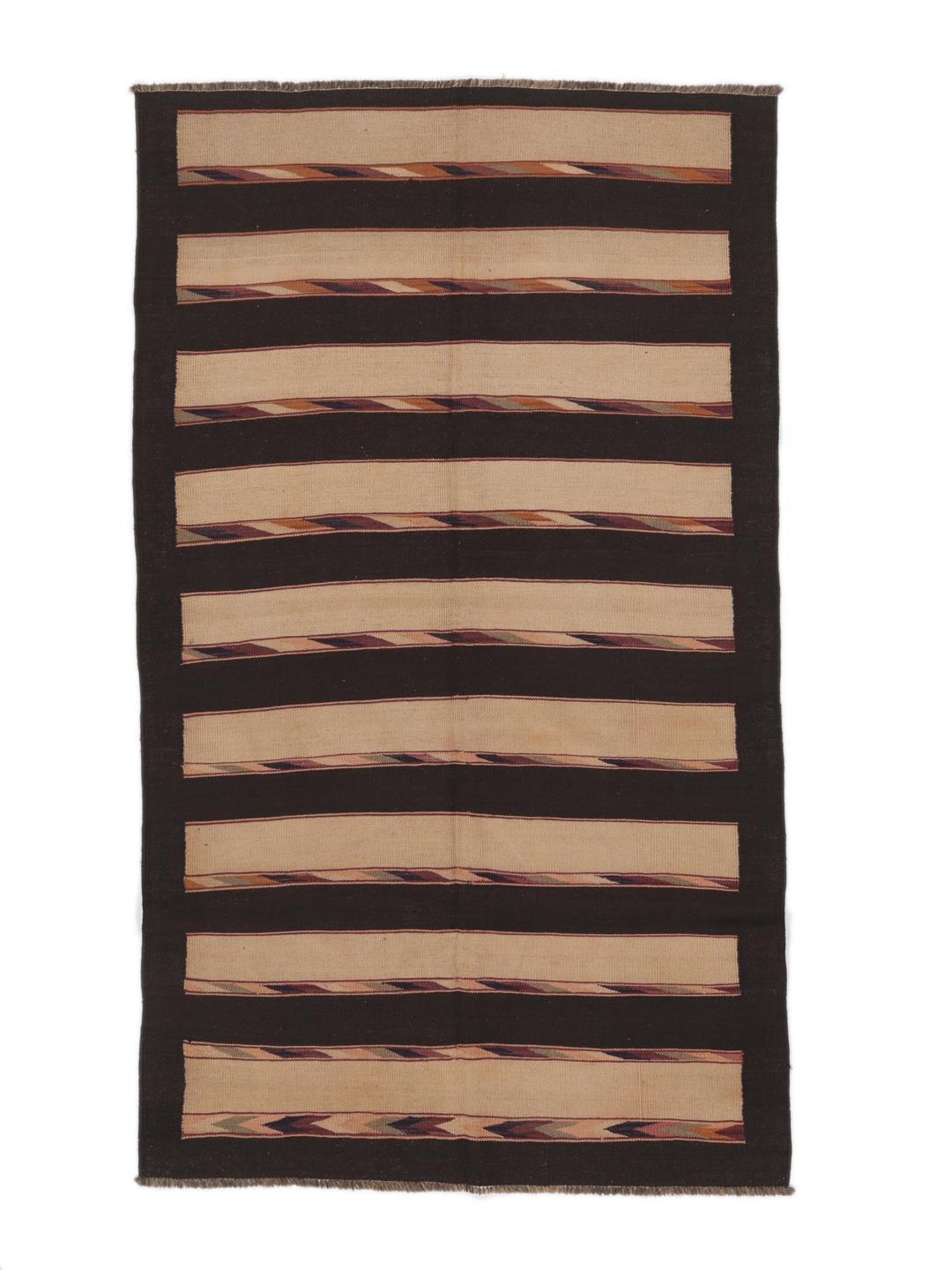 Tapis kelim vintage afghan tissé à la main avec des rayures noires et beiges