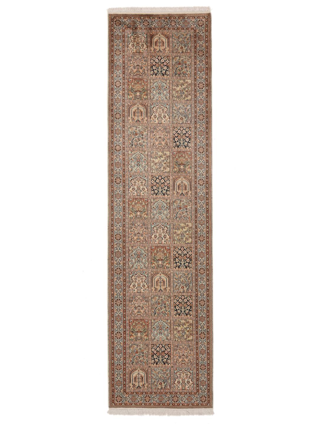 Hand-knotted Kashmir silk runner from India in beige and multicolor