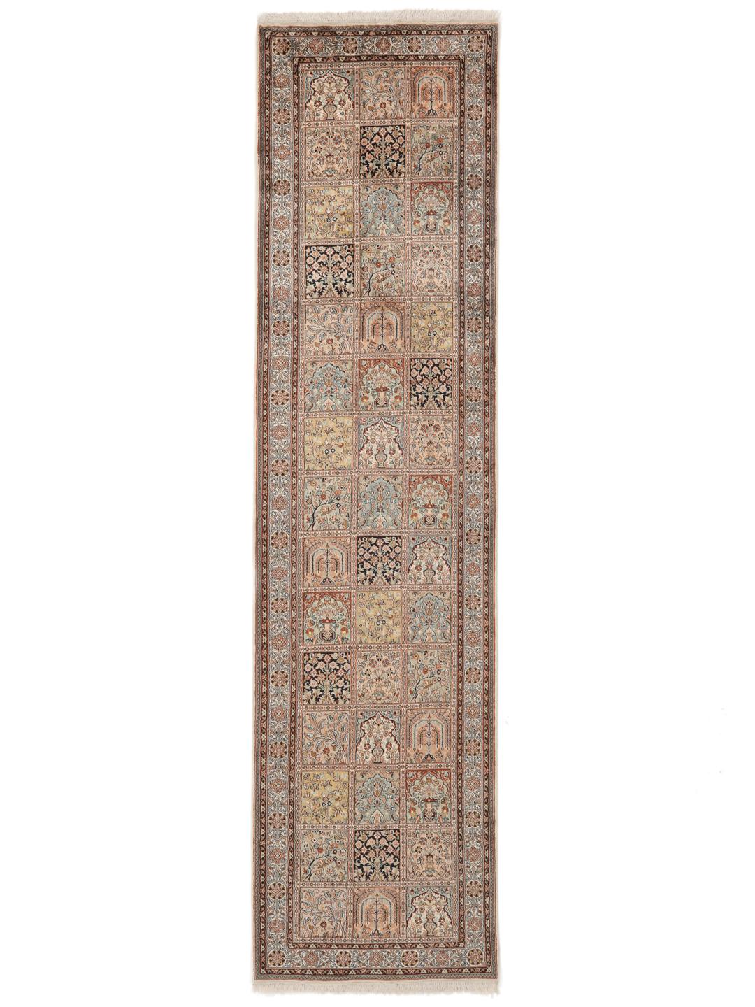 Hand-knotted Indian silk runner with intricate garden panels in multicolor