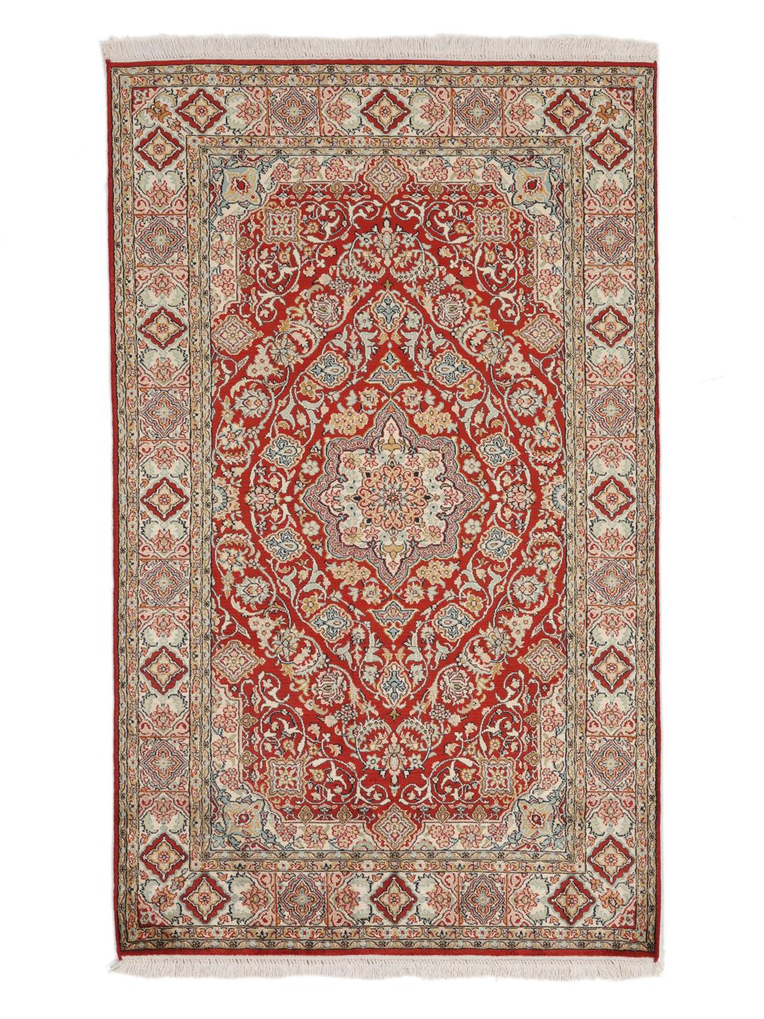 Hand-knotted Kashmir silk rug from India with a vibrant red field and intricate floral motifs.