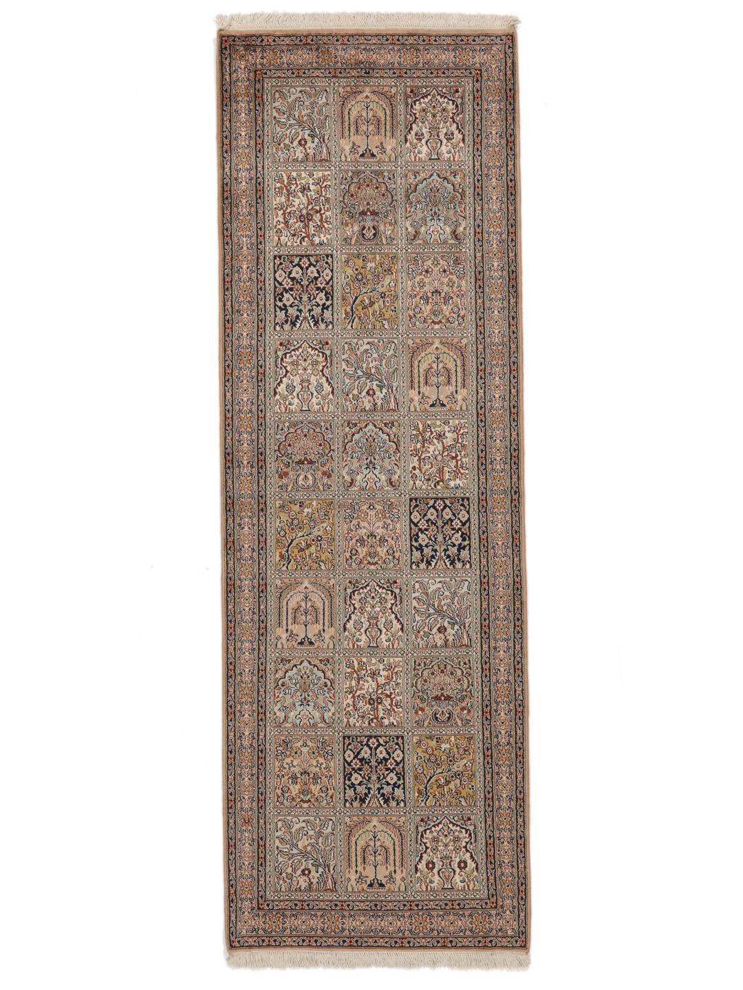 Hand-knotted Kashmir silk runner with a multicolour panelled design from India.