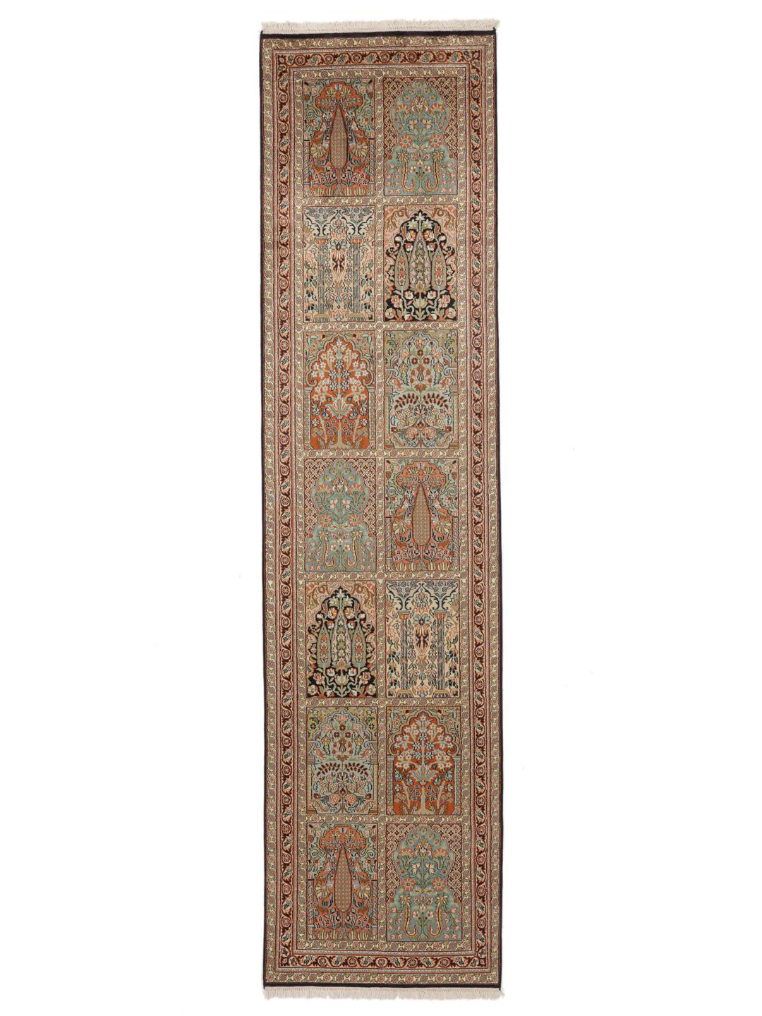 Hand-knotted Kashmir silk runner with colourful floral garden panels from India