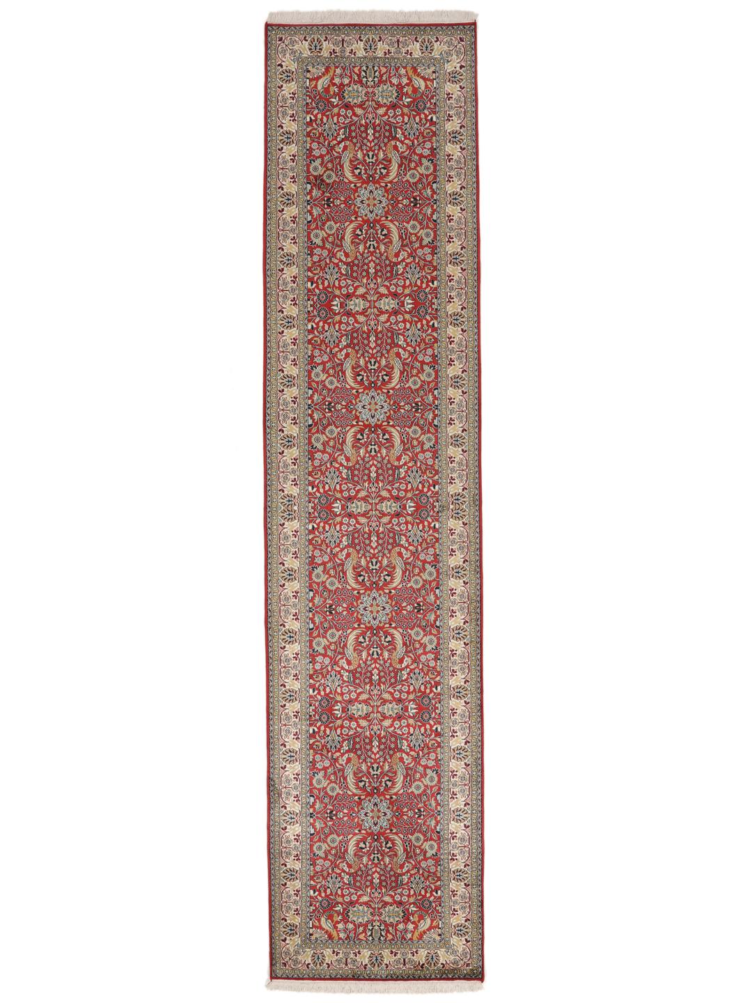 Tapis couloir en soie du Cachemire noué à la main, rouge avec des motifs floraux, originaire d'Inde
