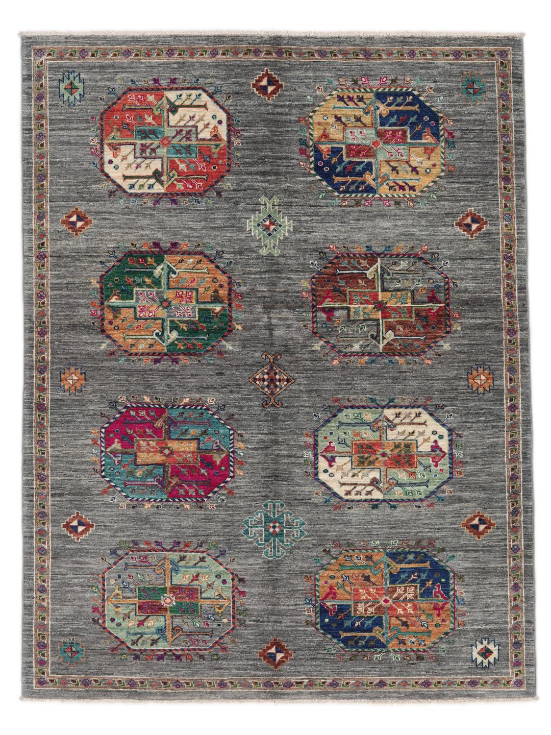 Hand-knotted Shabargan rug from the Middle East in dark-grey with vibrant geometric motifs