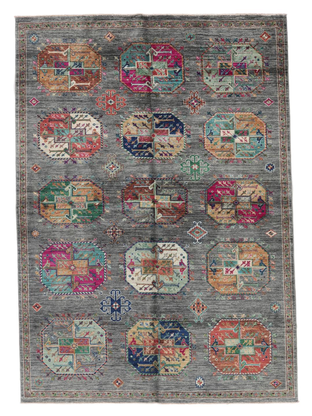 Hand-knotted Afghan rug with a grey field and colourful geometric motifs