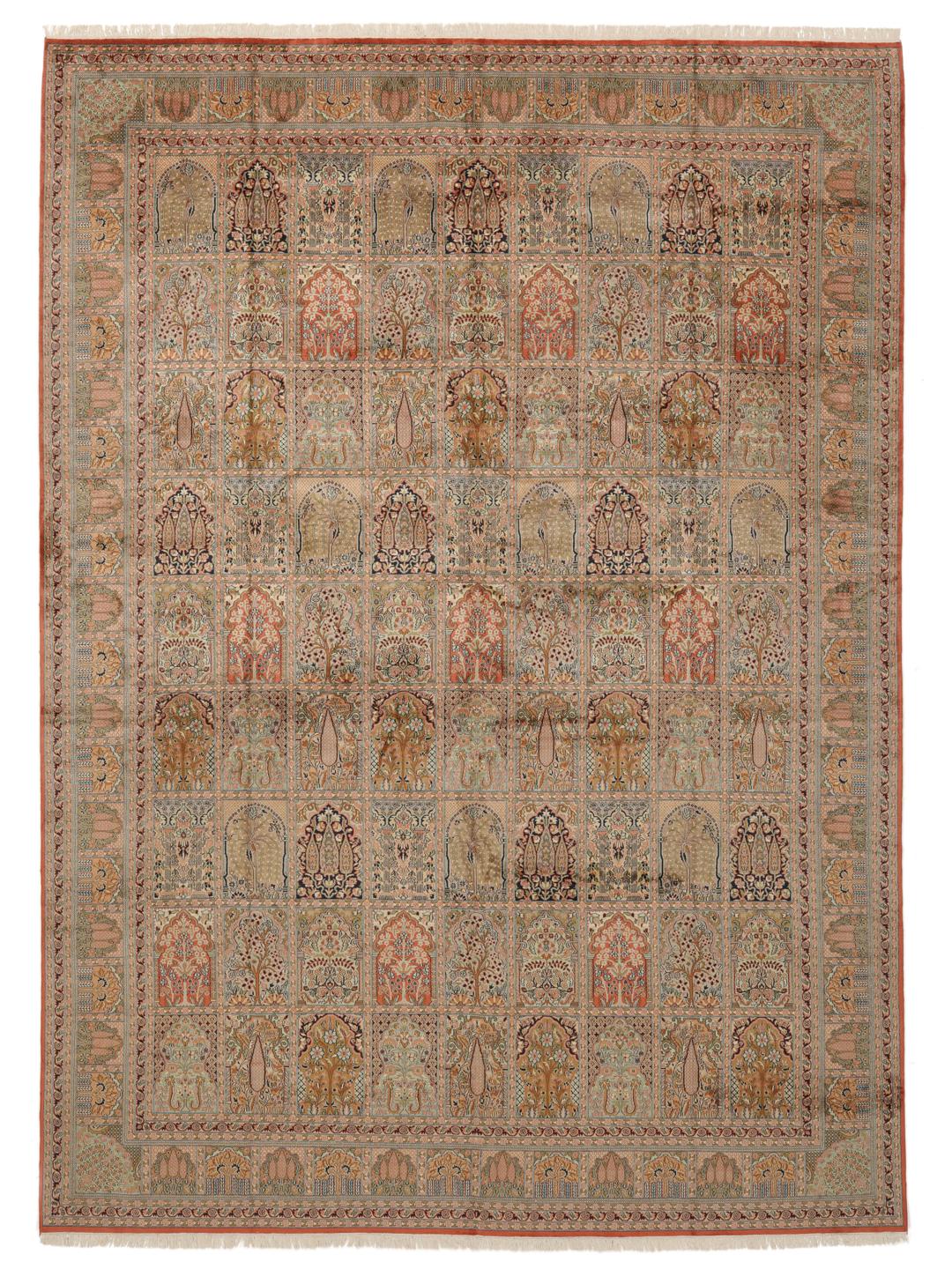 A luxurious hand-knotted Kashmir silk rug from India with an intricate beige garden panel design.
