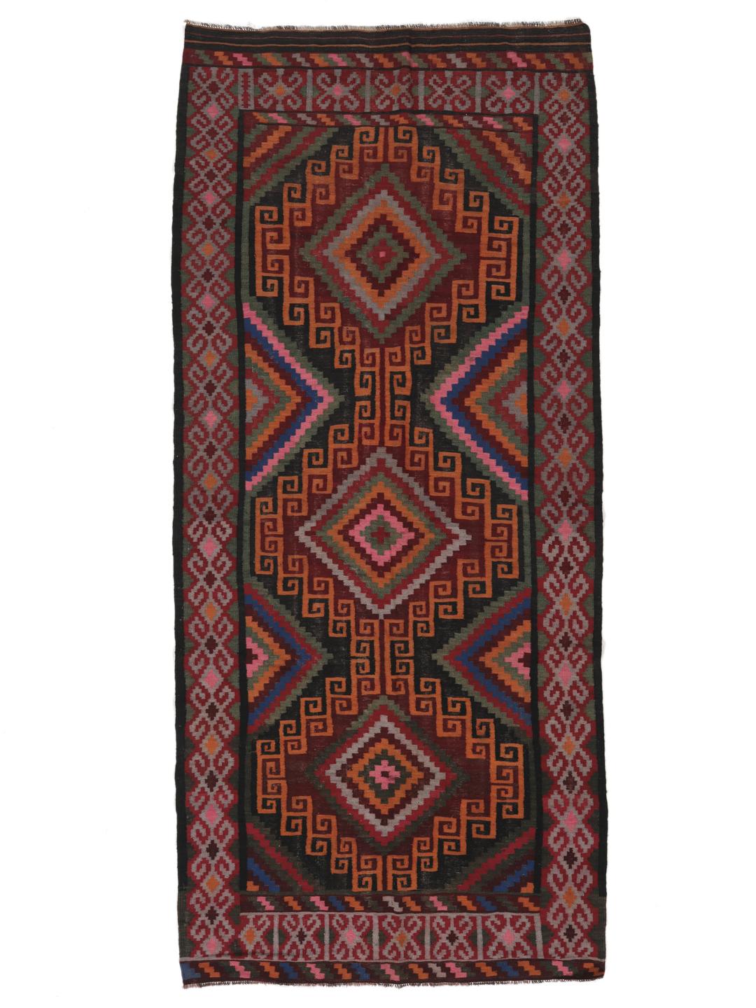 Tapis couloir afghan vintage avec des motifs géométriques en laine multicolore