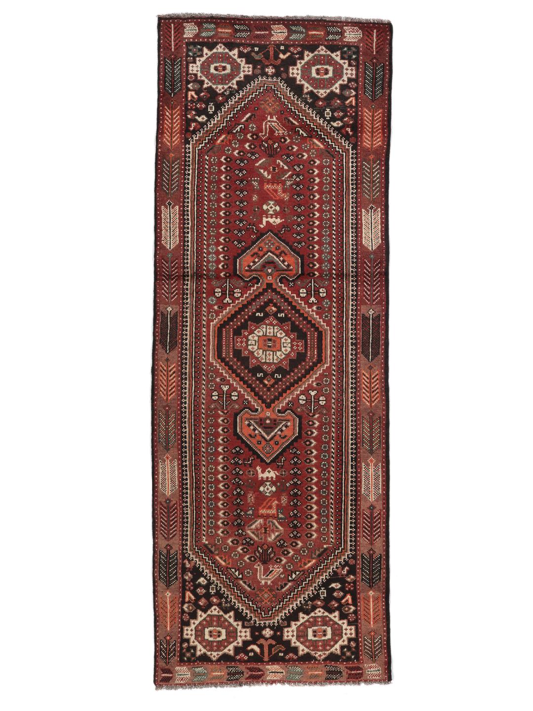 Hand-knotted Middle Eastern Shiraz runner in red and black wool