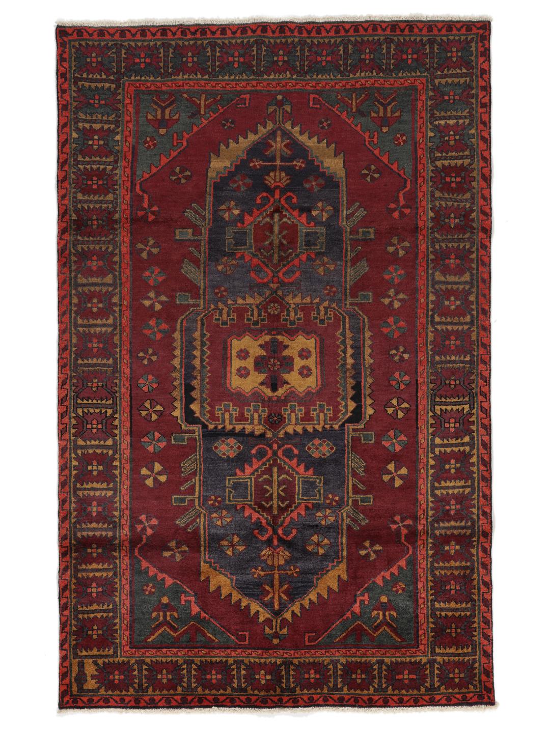 Hand-knotted Lori rug from the Middle East in dark-red and charcoal tones.