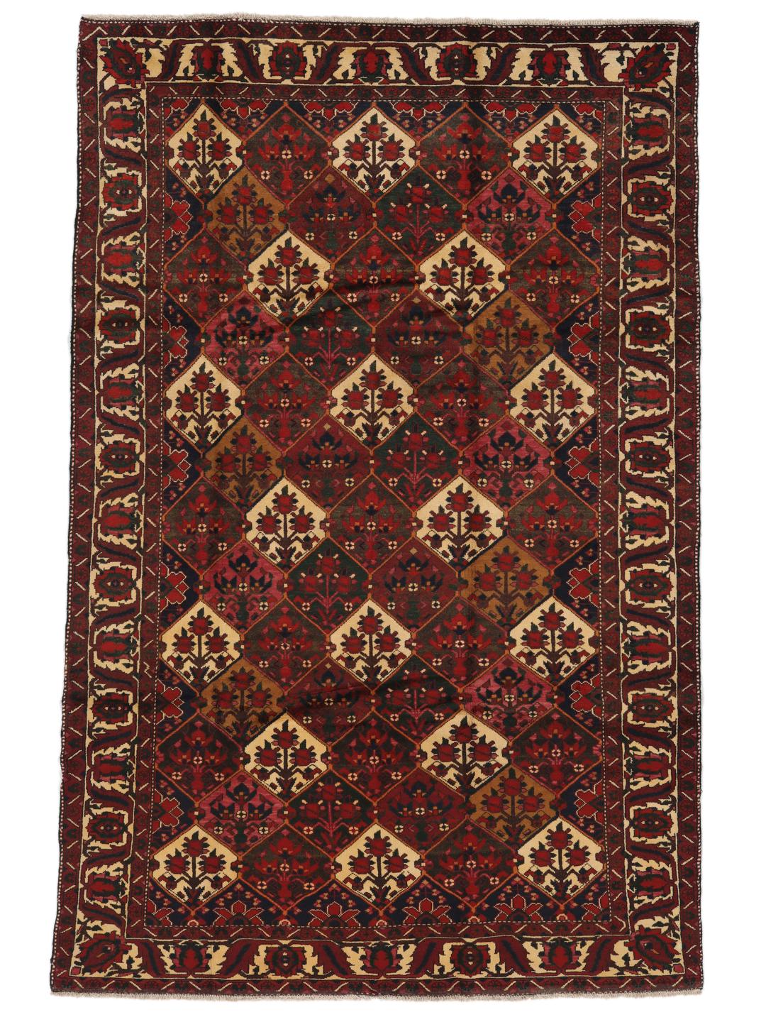 Hand-knotted Middle Eastern Bakhtiari rug in dark-red and cream tones