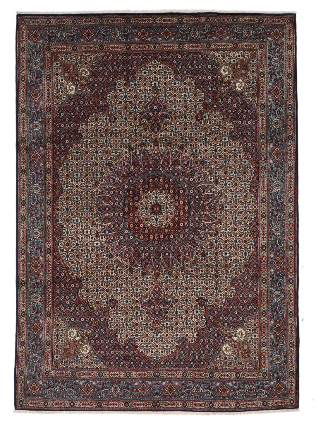 Hand-knotted Moud rug from the Middle East in dark-red and blue