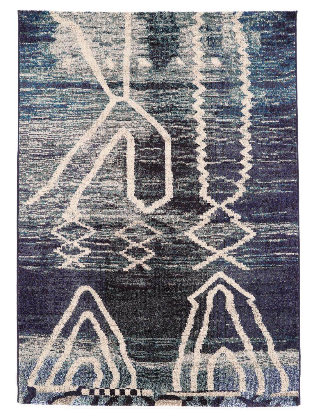 Blauw tapijt met abstracte witte lijnpatronen