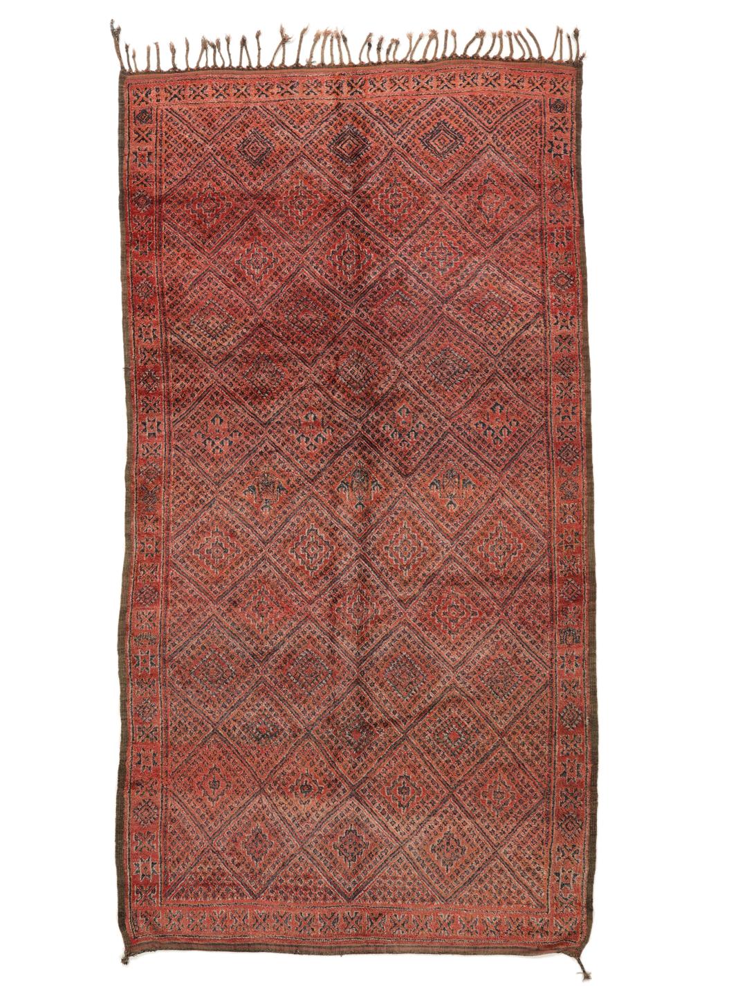 Vintage handgeknüpfter Marokkanischer Berber Beni Ourain Teppich mit rotem Rautenmuster