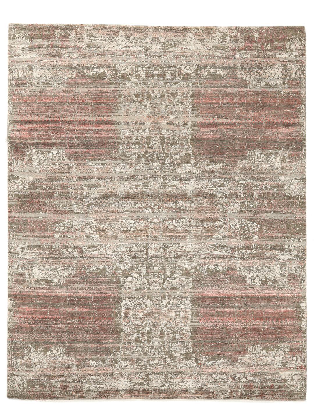 Et moderne håndknyttet tæppe fra Indien med et abstrakt design i grå og røde toner.