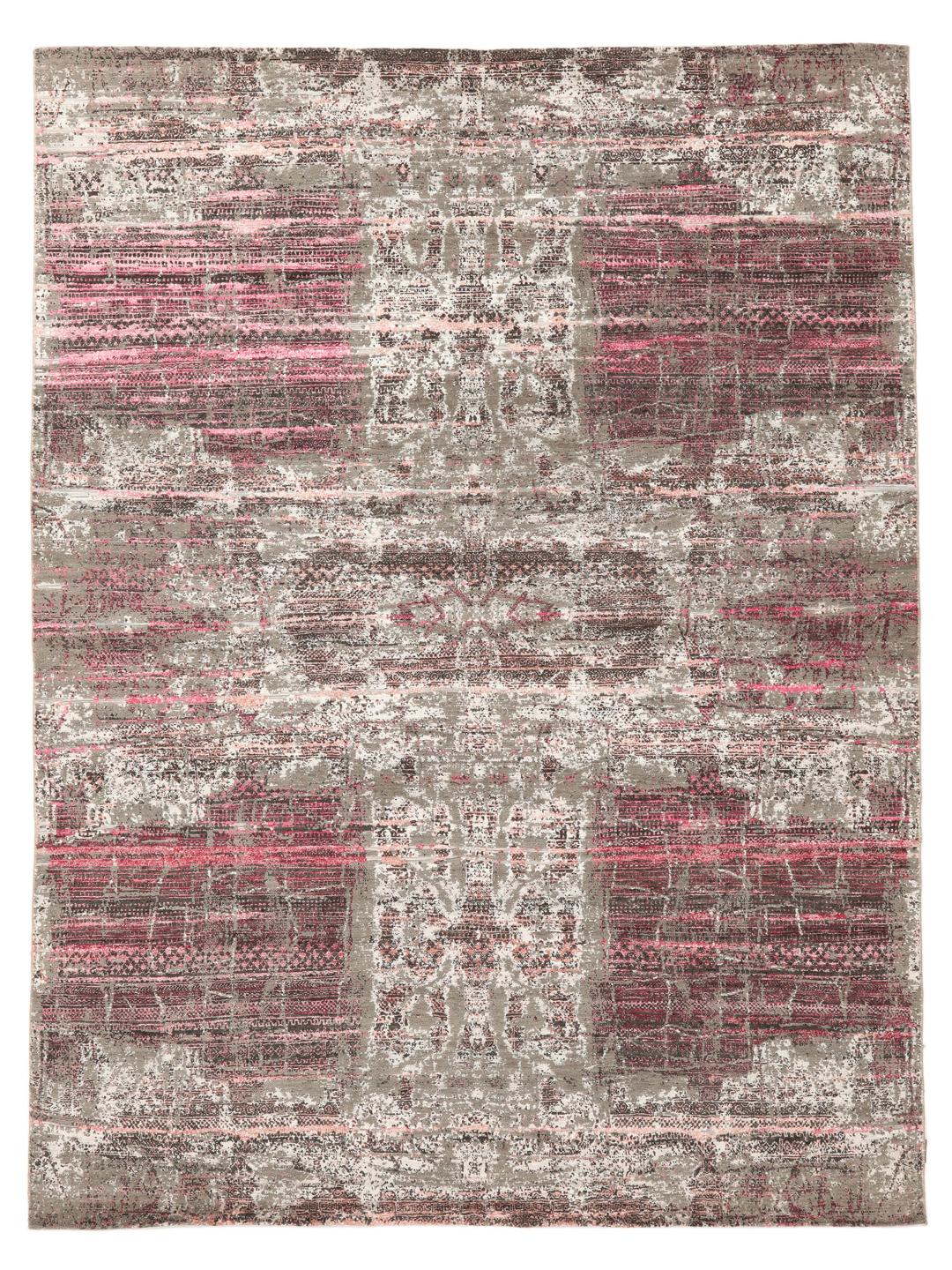 Et moderne håndknyttet tæppe fra Indien med et gråt og pink abstrakt design.