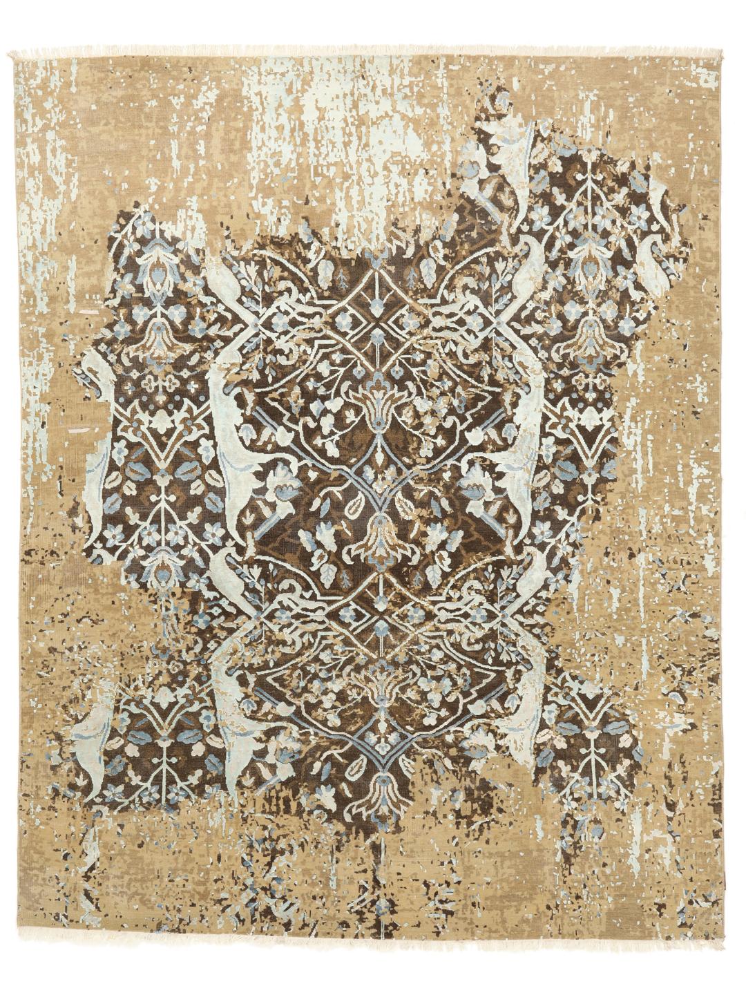 Håndknyttet moderne tæppe fra Indien med et slidt blomstermønster i beige, brun og blå.