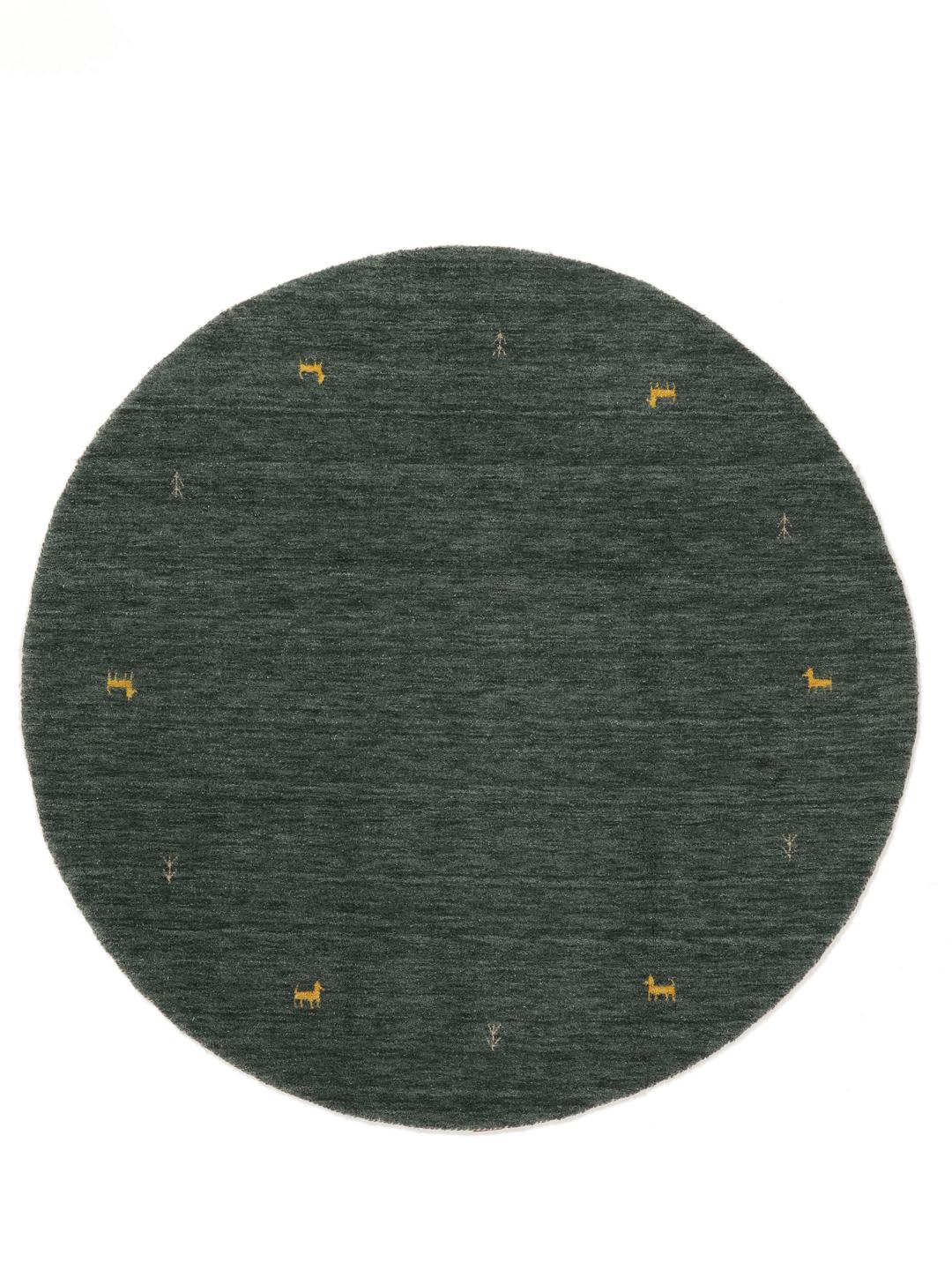 Rond vloerkleed met een donkergroene basis en gele diermotieven