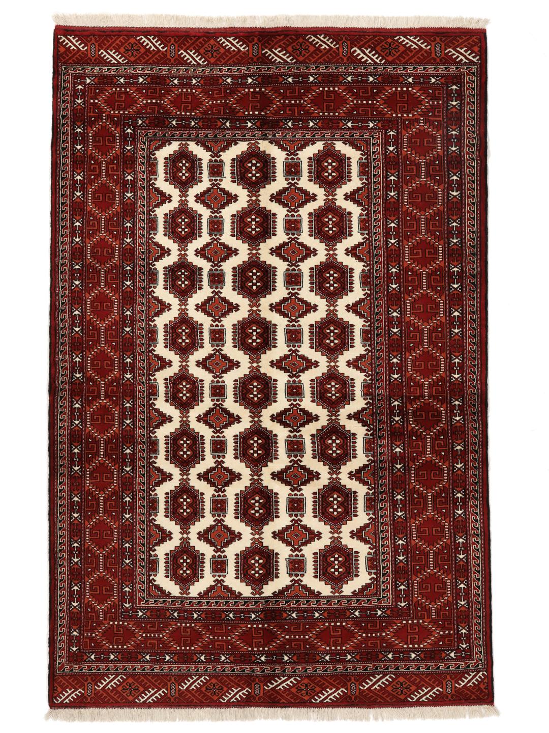 Hand-knotted Turkaman rug with a deep red field and geometric motifs