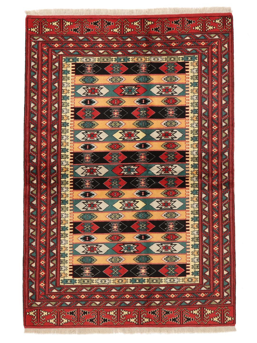 A hand-knotted Turkaman rug from the Middle East with a red base and geometric patterns.