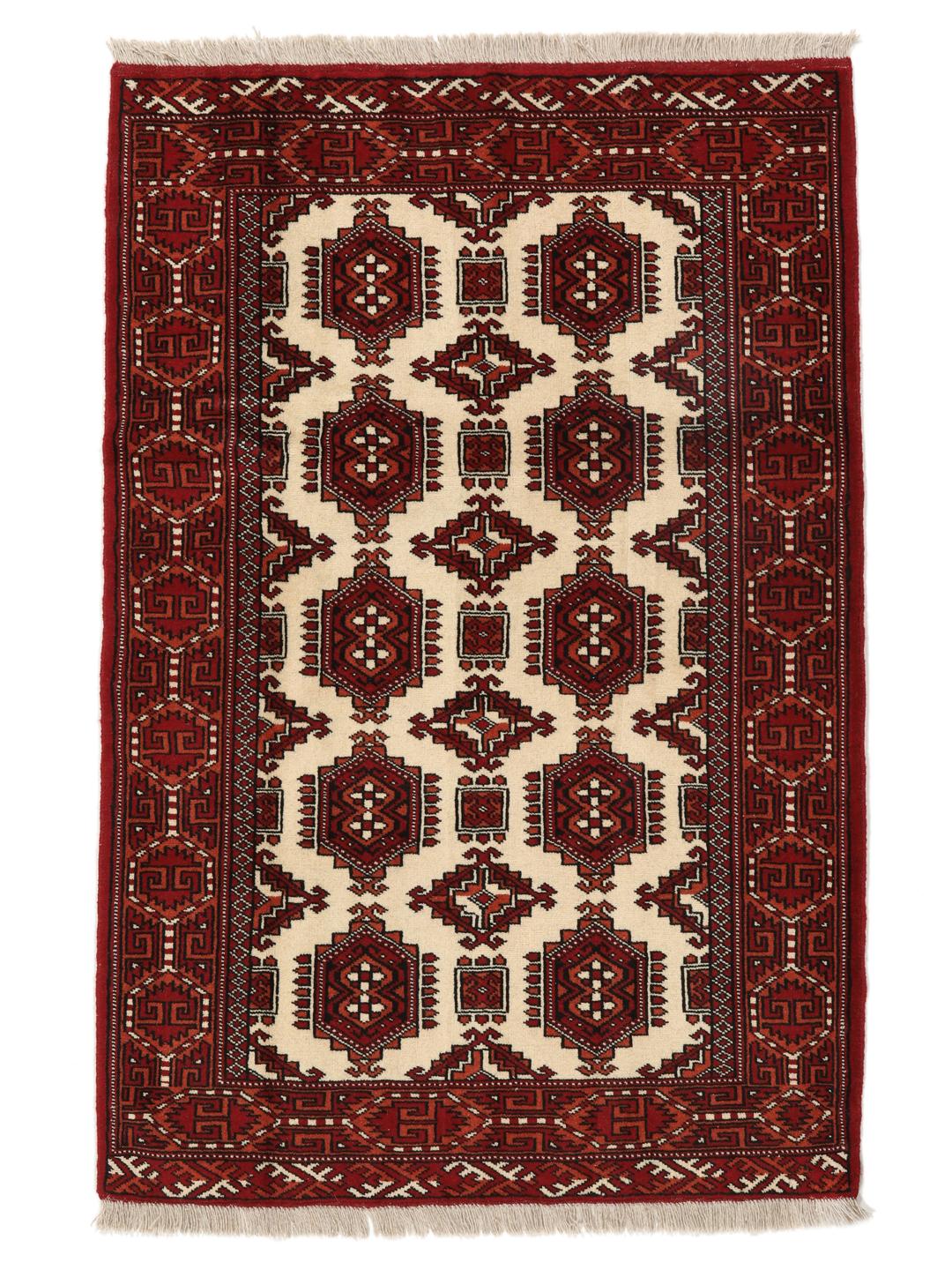 Hand-knotted Middle Eastern Turkaman rug in red and beige tones