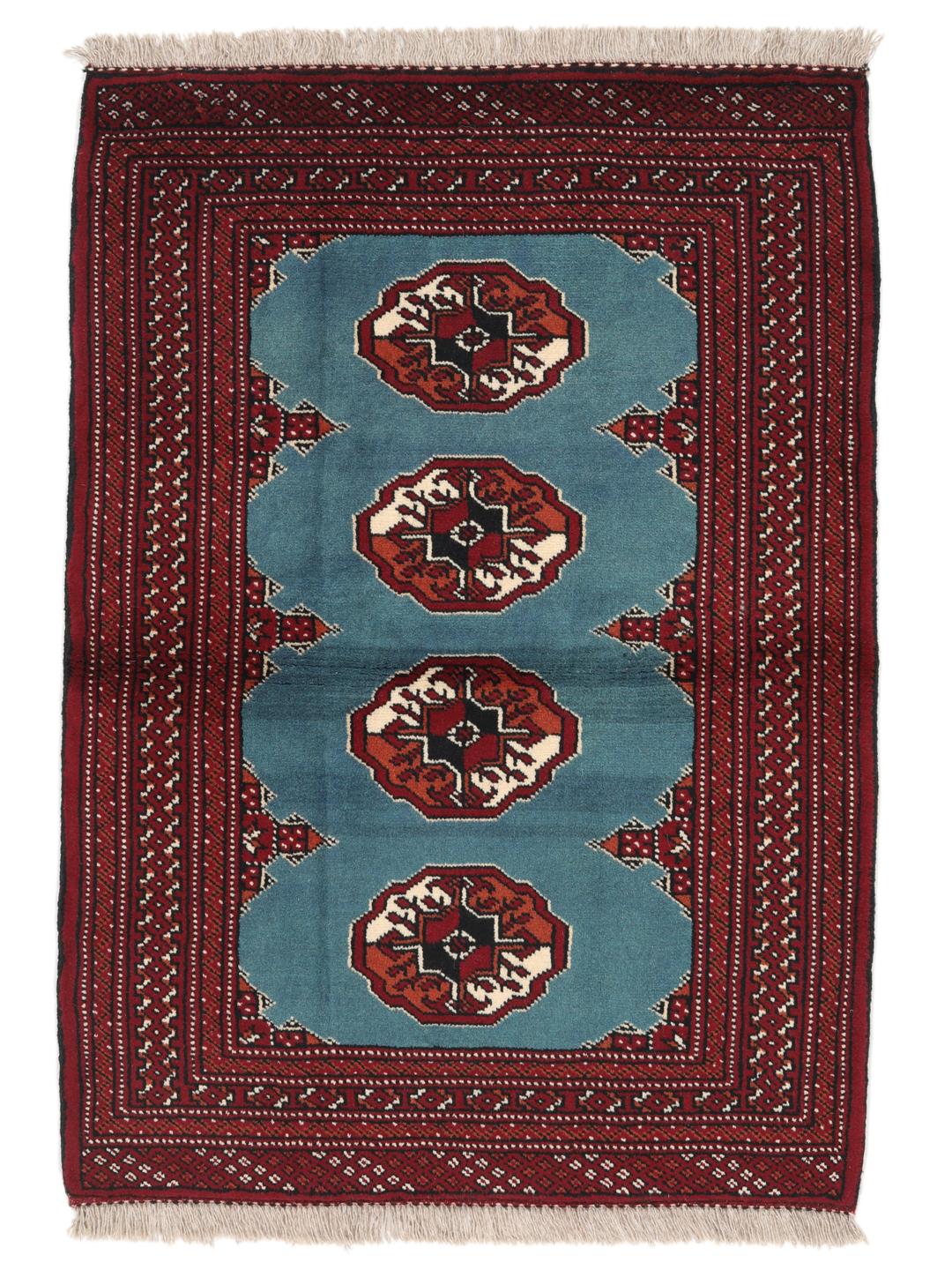 Hand-knotted Turkaman rug from the Middle East in blue and red