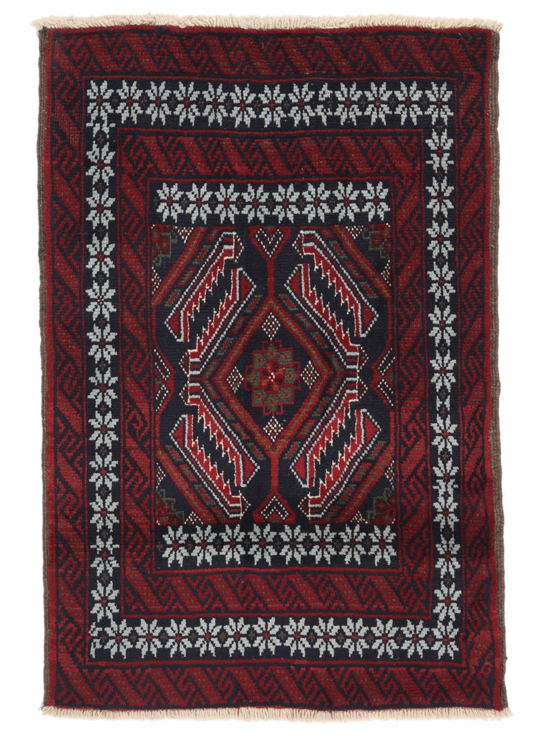 A hand-knotted Baluch rug from the Middle East featuring a dark-red and black geometric pattern.