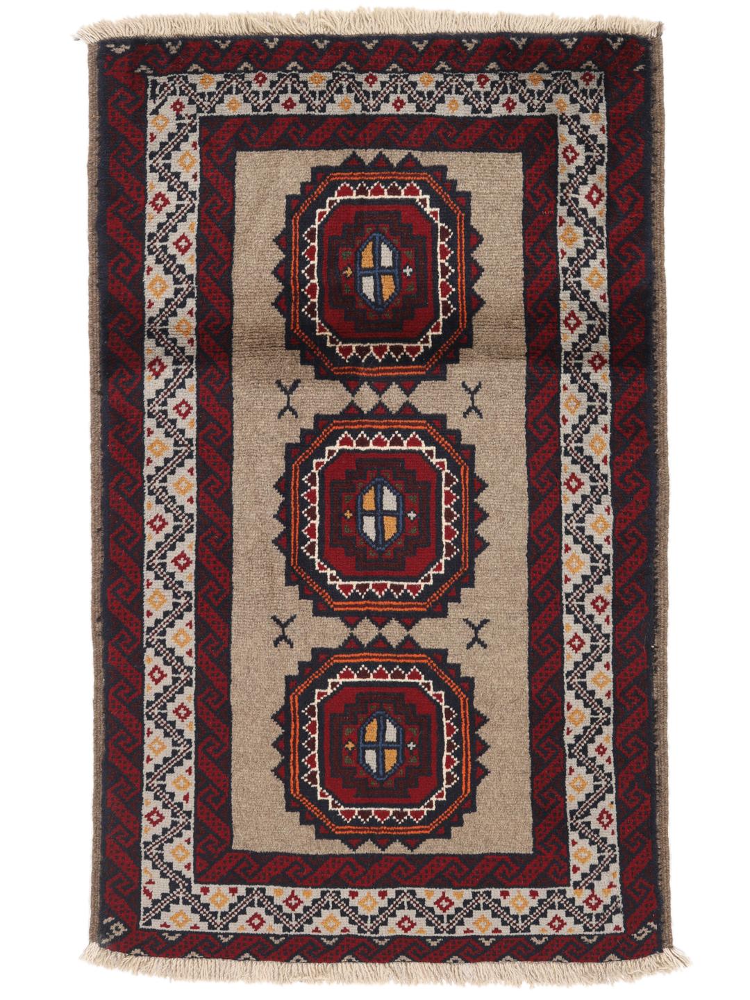 Hand-knotted Middle Eastern Baluch rug in red and beige tones