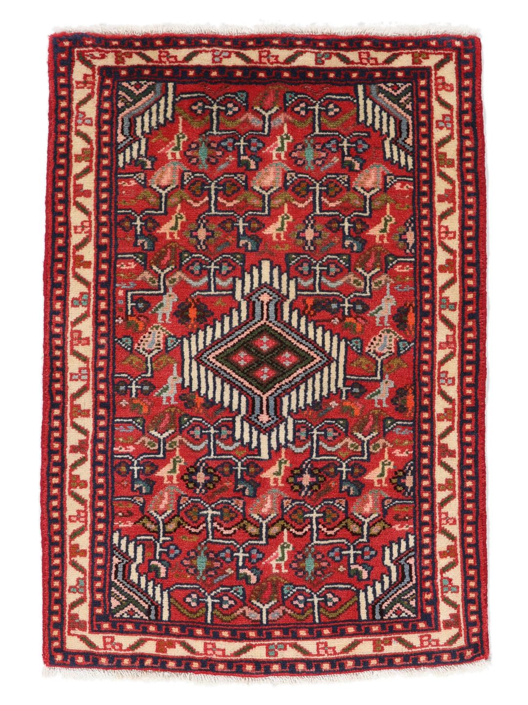 Hand-knotted Asadabad rug from the Middle East with a vibrant red field and geometric patterns