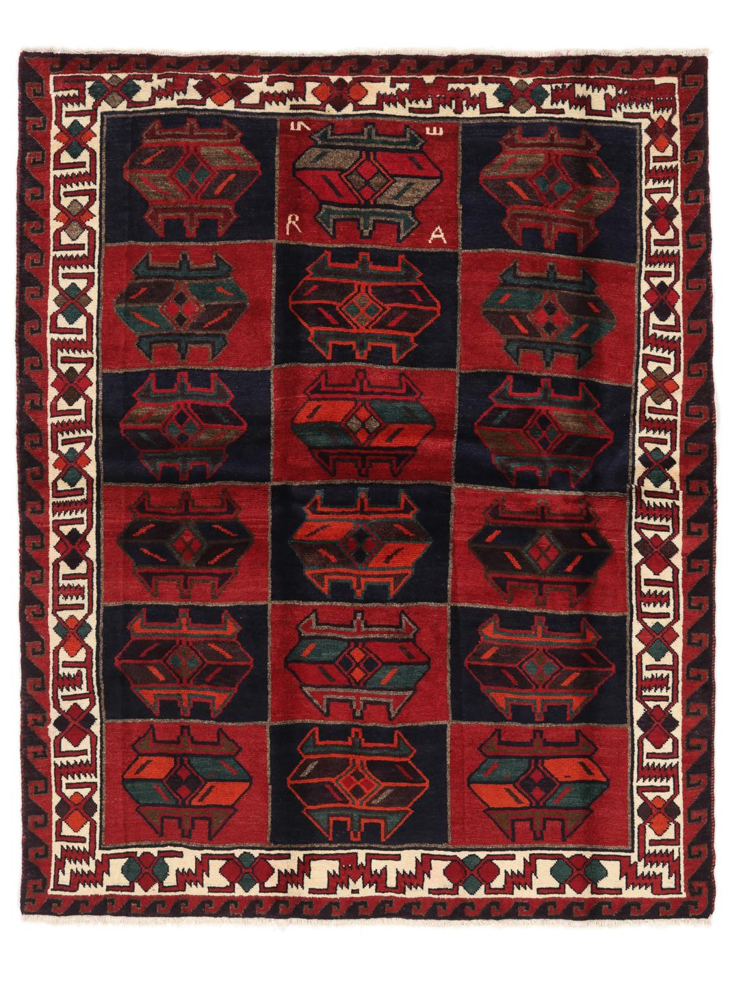 Handgeknoopt Lori-tapijt uit het Midden-Oosten met een donkerrood en donkerblauw geometrisch patroon