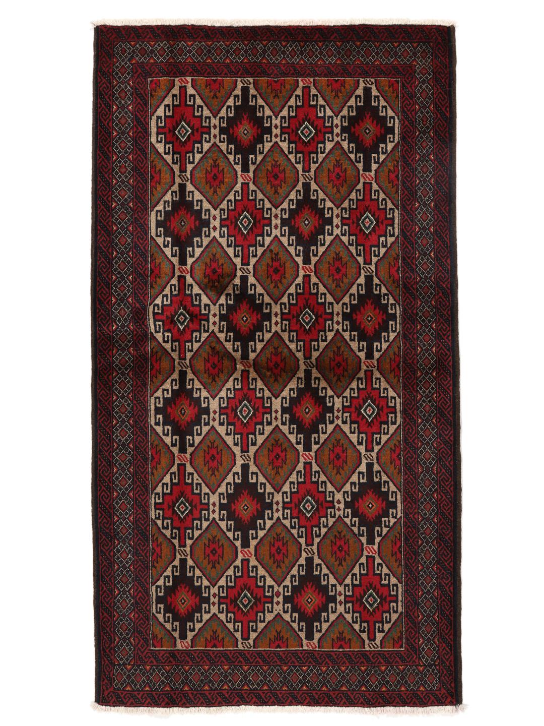 Hand-knotted Baluch rug from the Middle East in deep red and black tones