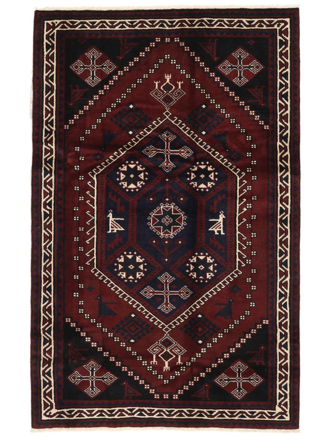 A hand-knotted Lori rug from the Middle East featuring a dark-red and black geometric pattern.