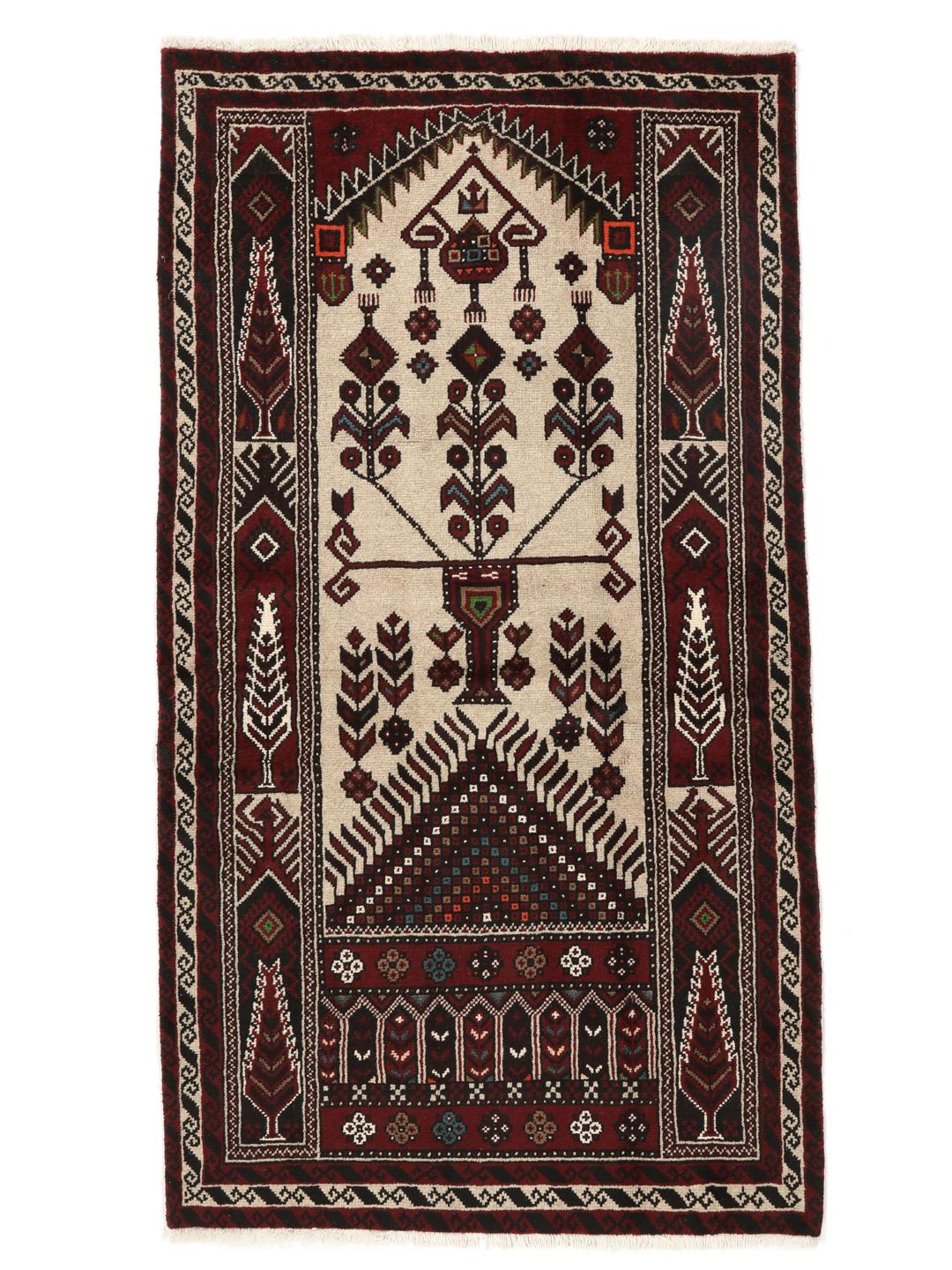 Et håndknyttet Baluch-tæppe fra Mellemøsten med et mørkerødt og beige tribal-design