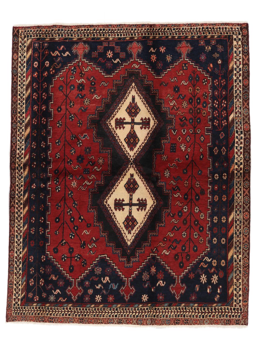 Hand-knotted Afshar rug from the Middle East in deep red and blue tones
