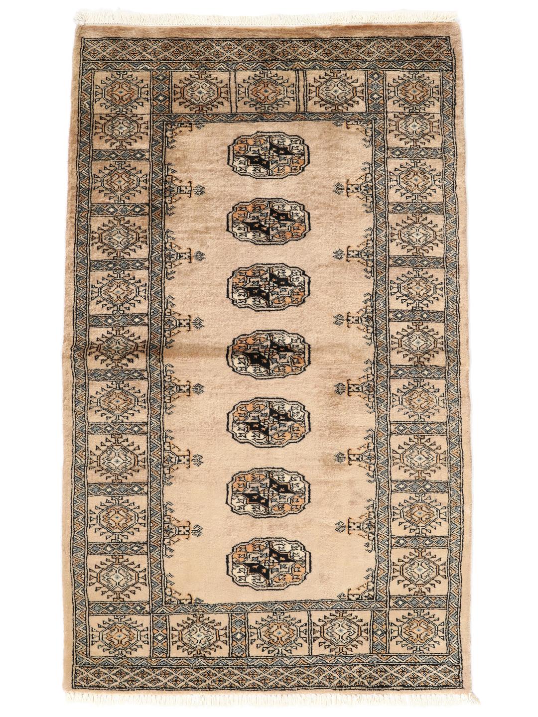 Hand-knotted Pakistan Bokhara rug with beige background and medallion patterns