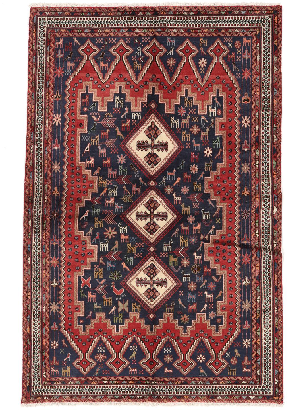 Hand-knotted Afshar rug from the Middle East featuring a red and blue field with tribal animal motifs.