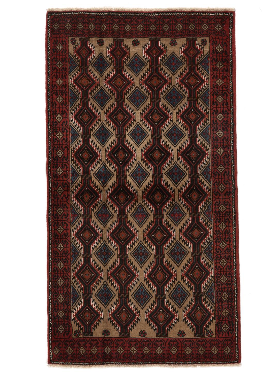 Hand-knotted Beluch rug from the Middle East in dark-red and beige