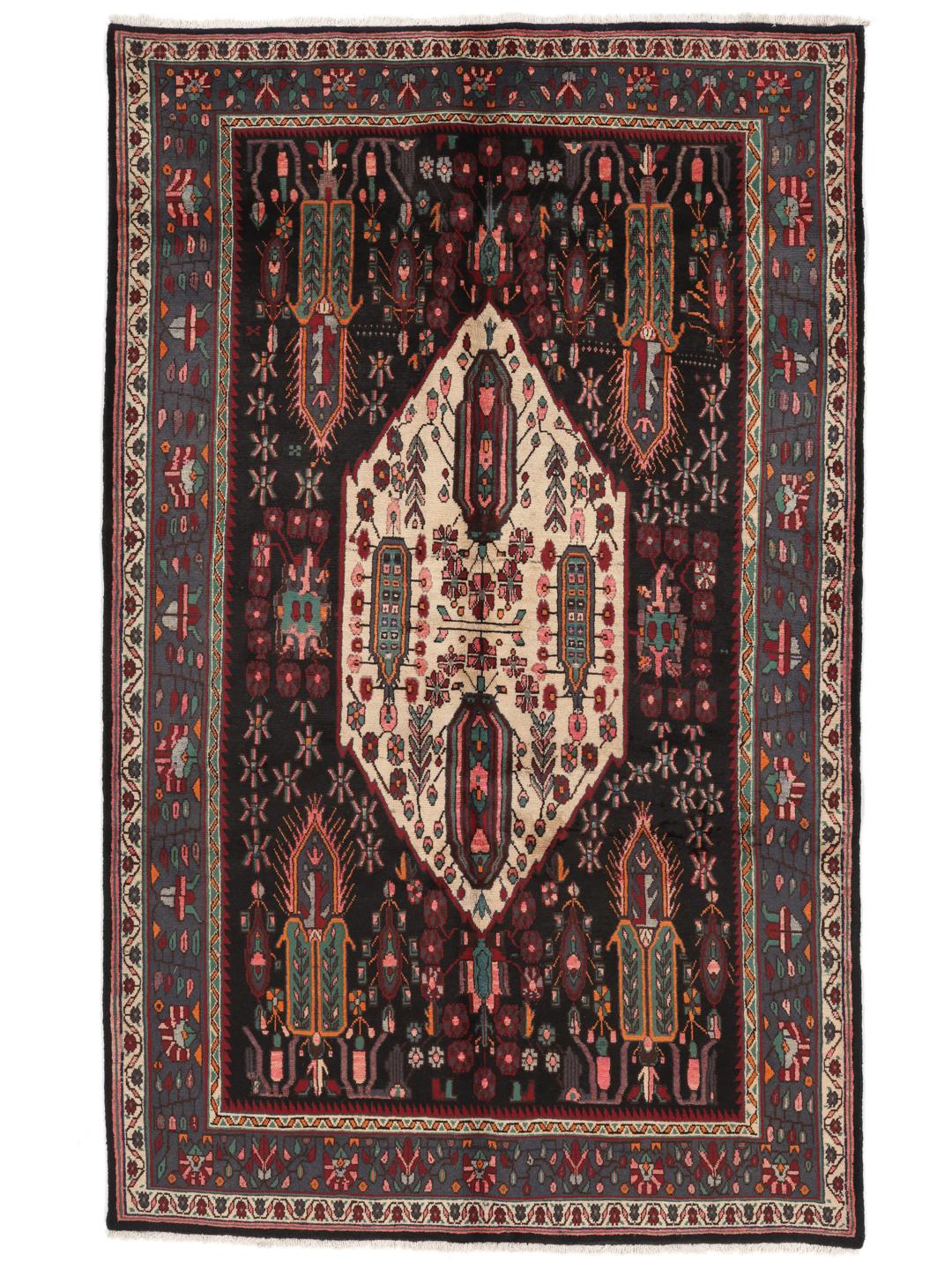 Hand-knotted Afshar rug from the Middle East featuring a dark-red and cream geometric design