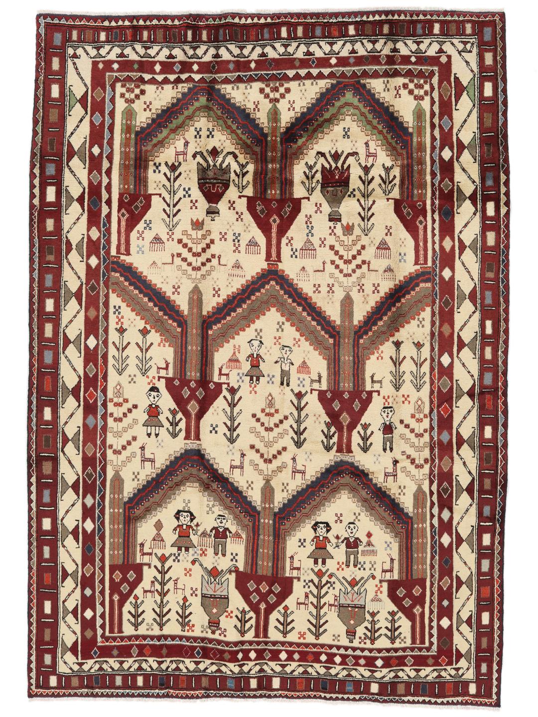 Hand-knotted Afshar rug from the Middle East in red and cream featuring pictorial motifs