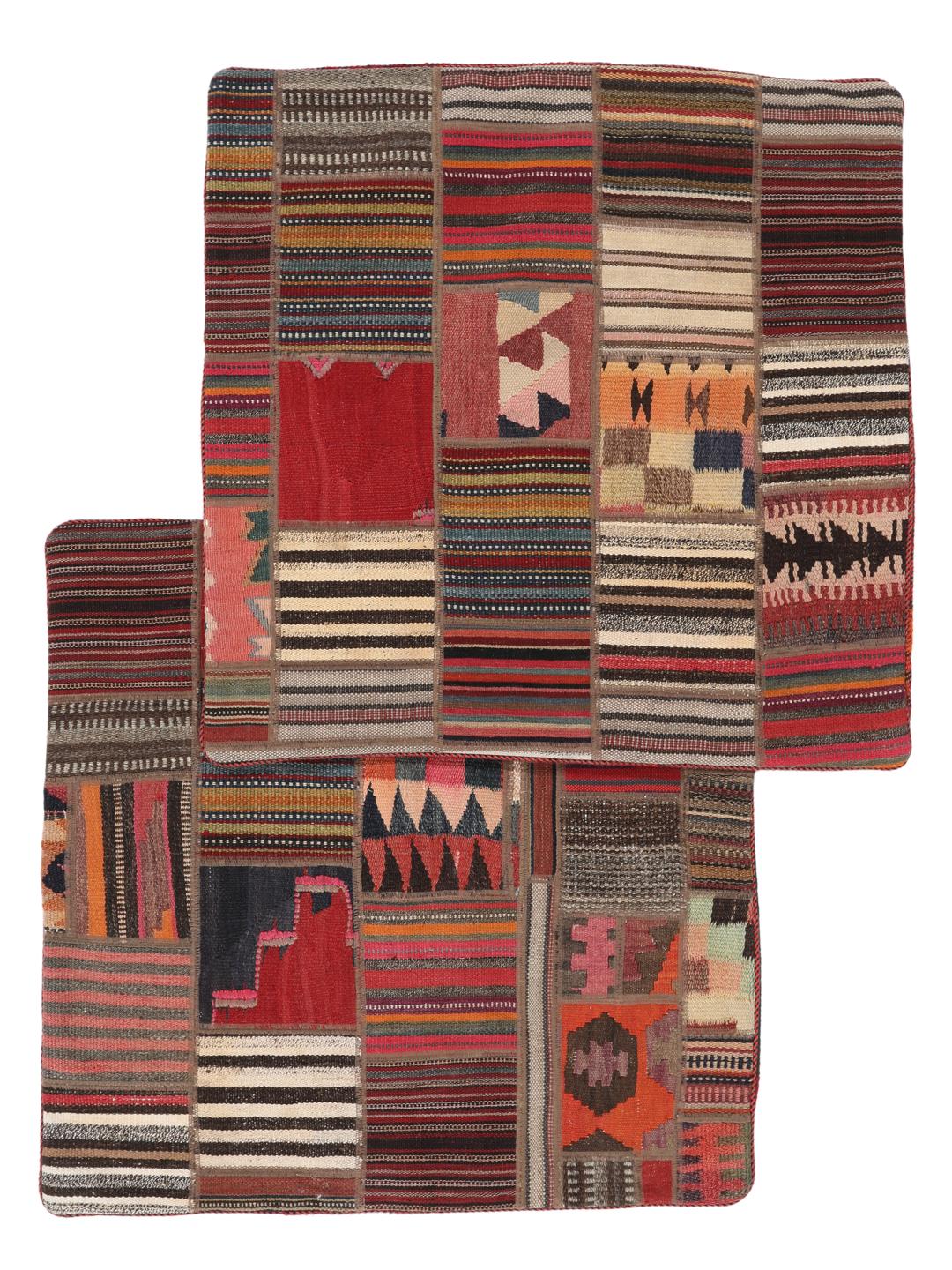 Kvadratisk håndlaget patchwork-teppe fra Midtøsten i flerfarget ull