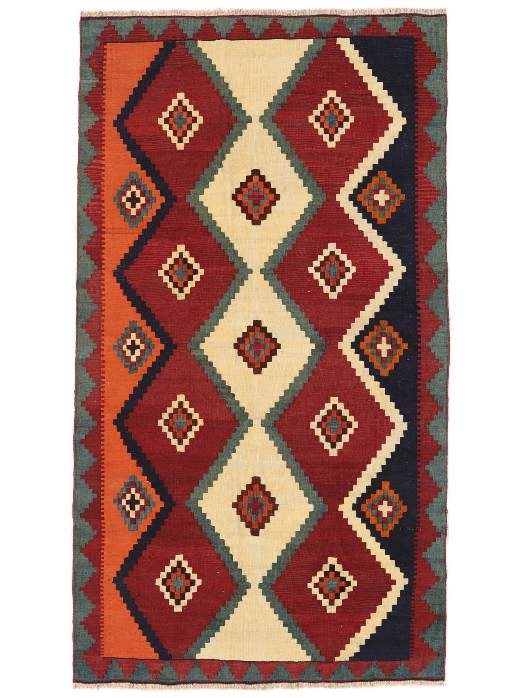 Vintage handgeweven kelimtapijt uit het Midden-Oosten met een levendig veelkleurig geometrisch patroon