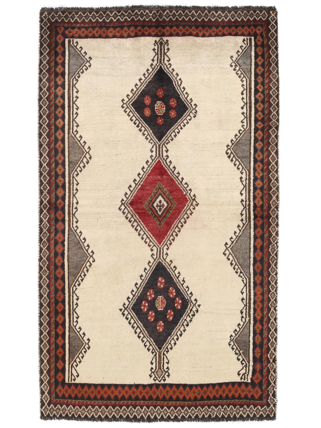 Hand-knotted beige Shiraz rug with geometric medallions from the Middle East
