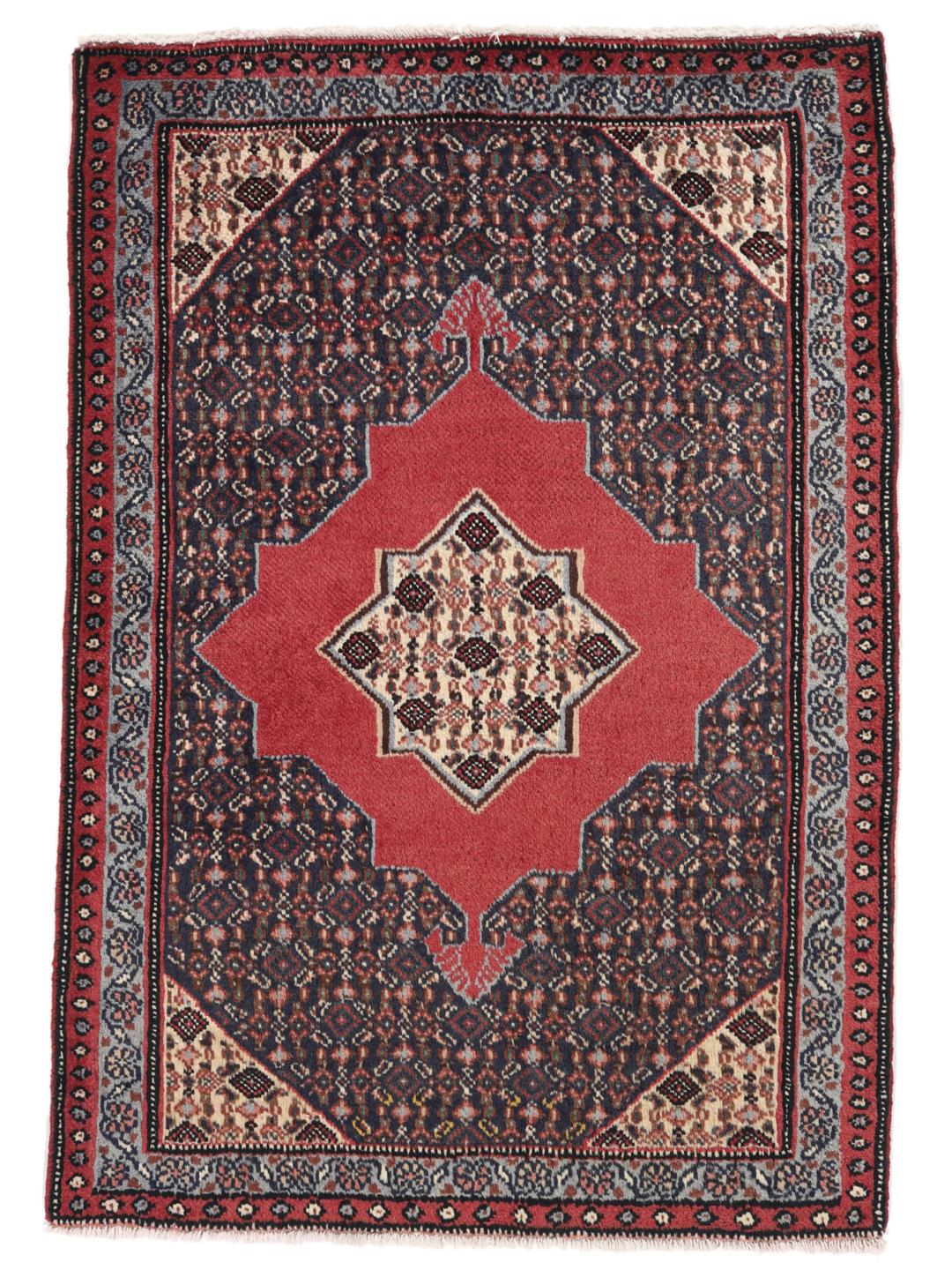 Ein handgeknüpfter Senneh-Teppich aus dem Nahen Osten mit einem roten und blauen geometrischen Design.